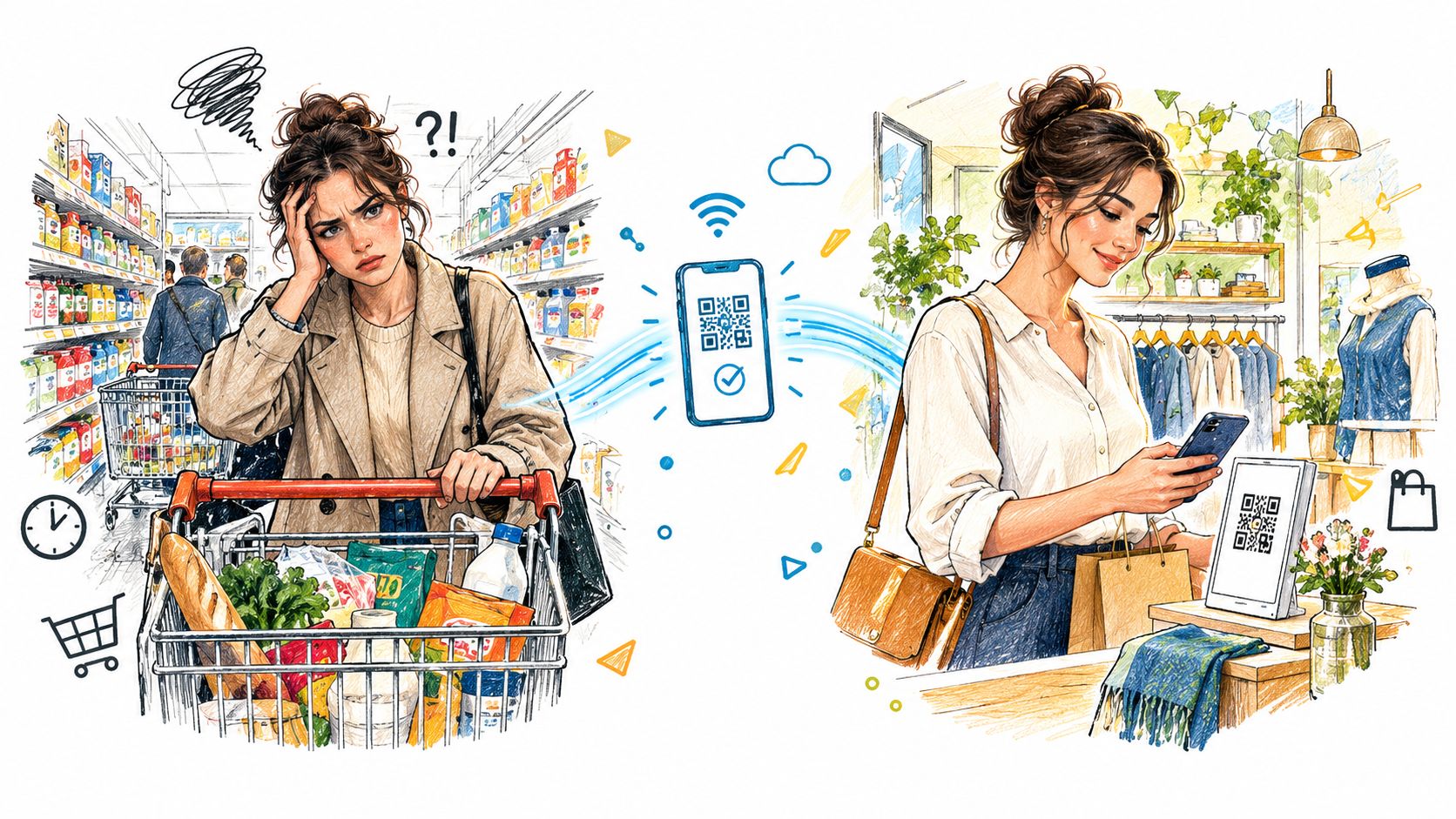 A split image contrasting a frustrated shopper in a grocery store with a happy customer paying via QR code.