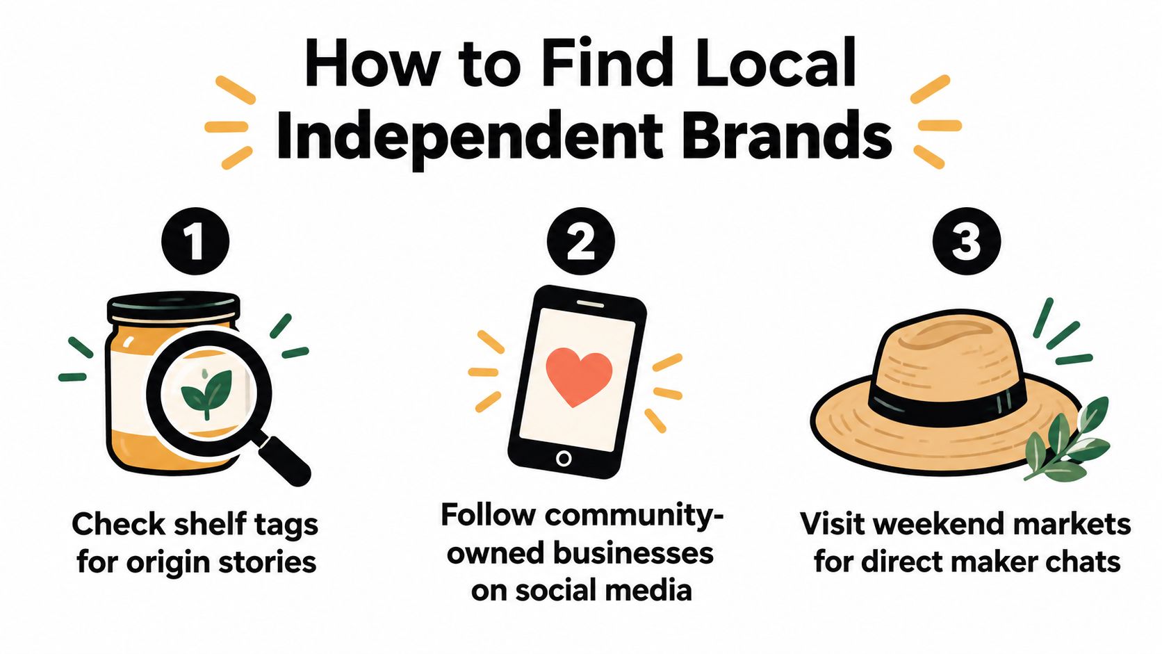 A graphic illustration providing three tips on how to find and support local independent brands.