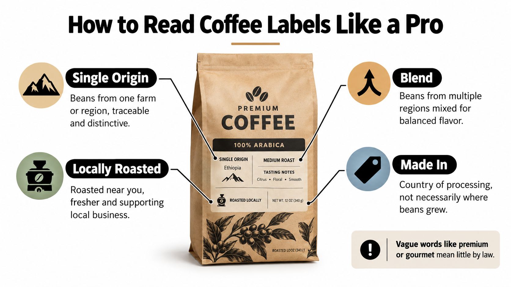An infographic titled How to Read Coffee Labels Like a Pro explaining common terms found on coffee packaging.