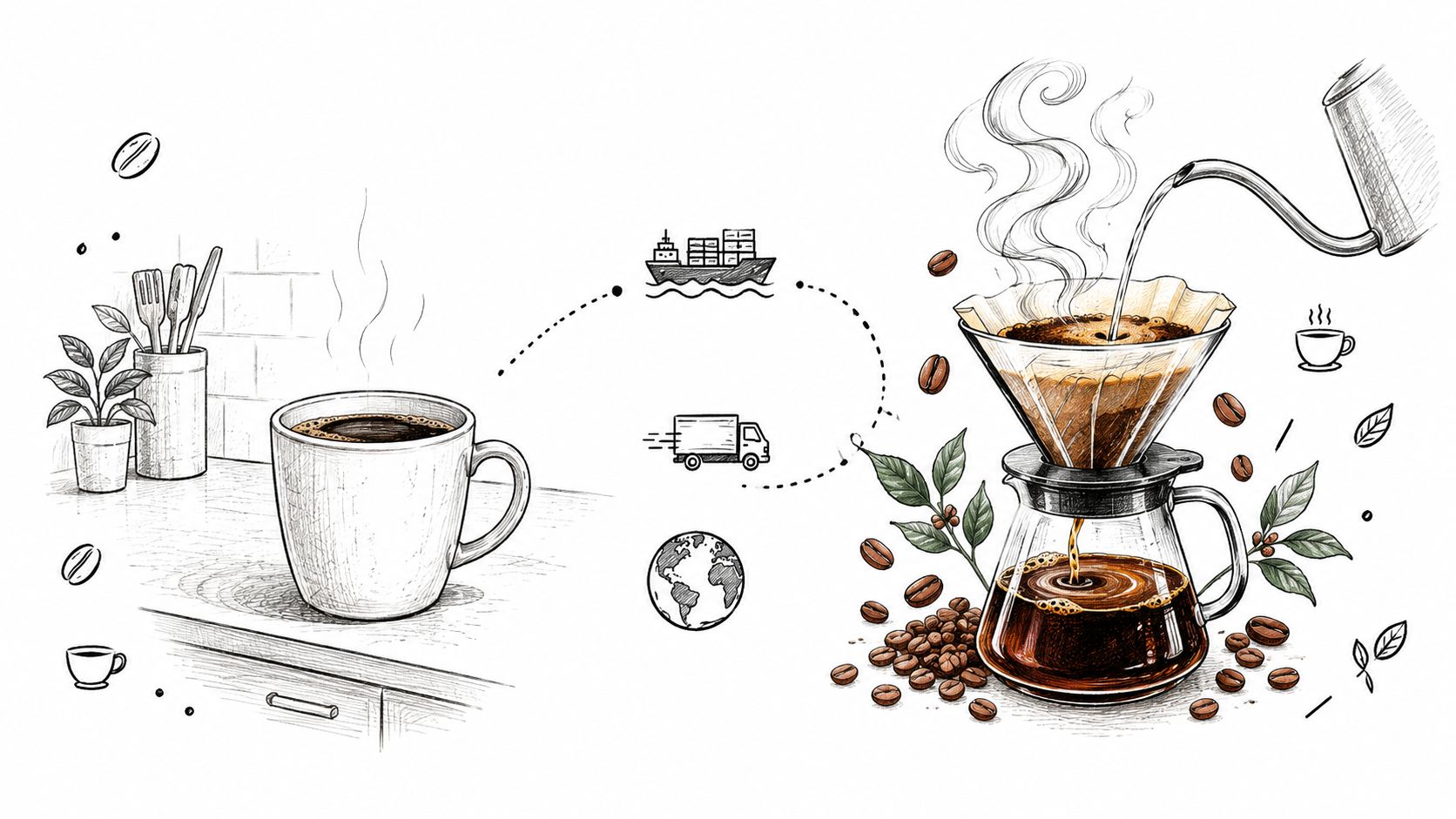 A hand-drawn illustration depicting the coffee supply chain from production and transport to brewing and drinking.