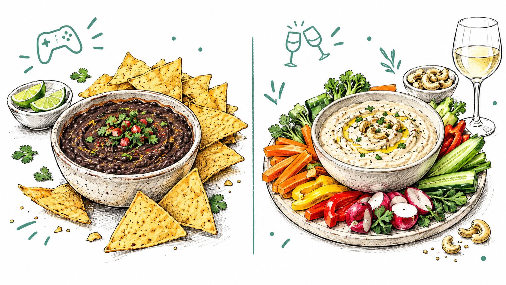 A split illustration showing black bean dip with tortilla chips on the left and hummus with vegetables on the right.