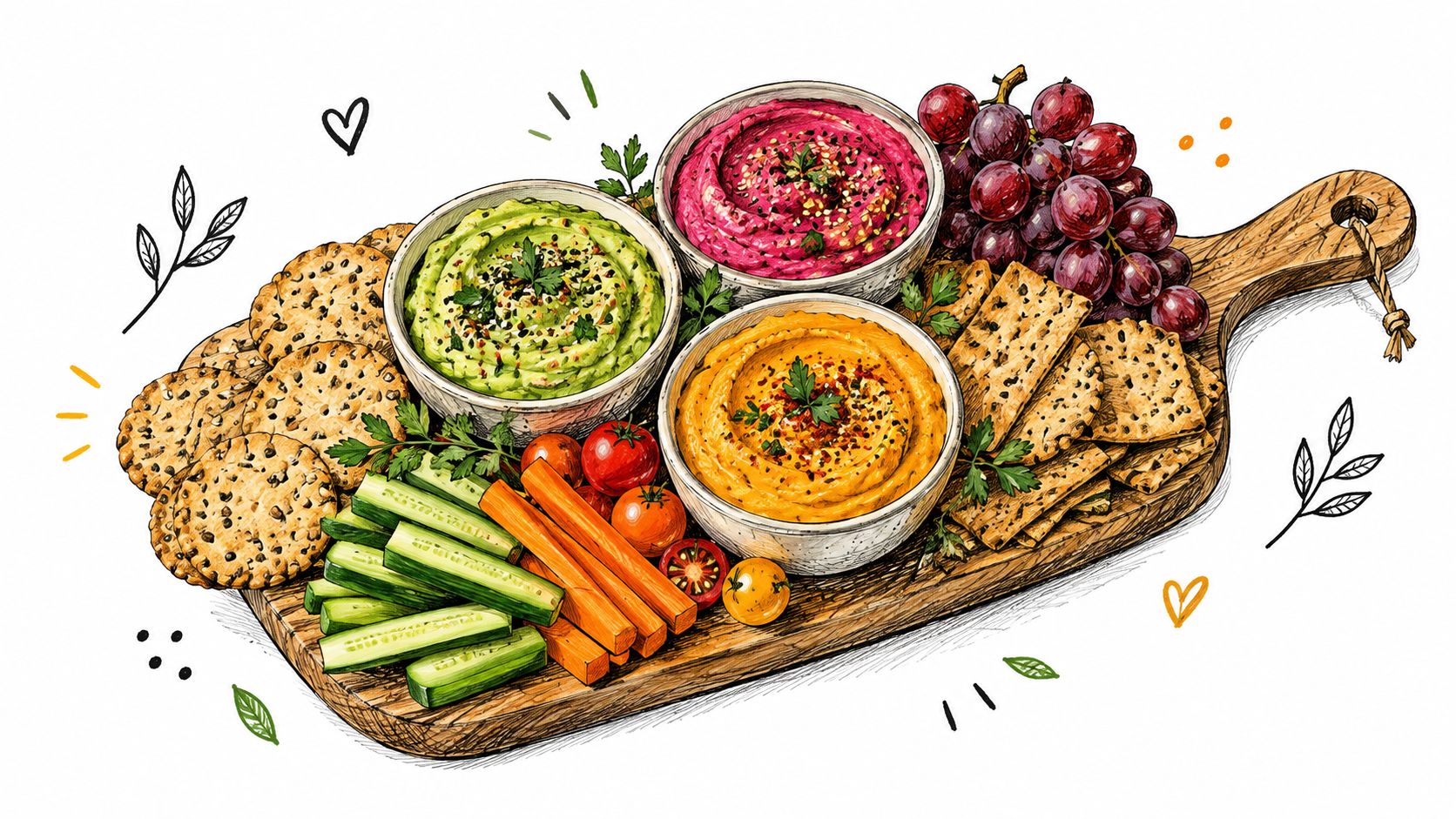 A hand-drawn charcuterie board featuring three bowls of colorful hummus dips, crackers, fresh vegetables, and grapes.