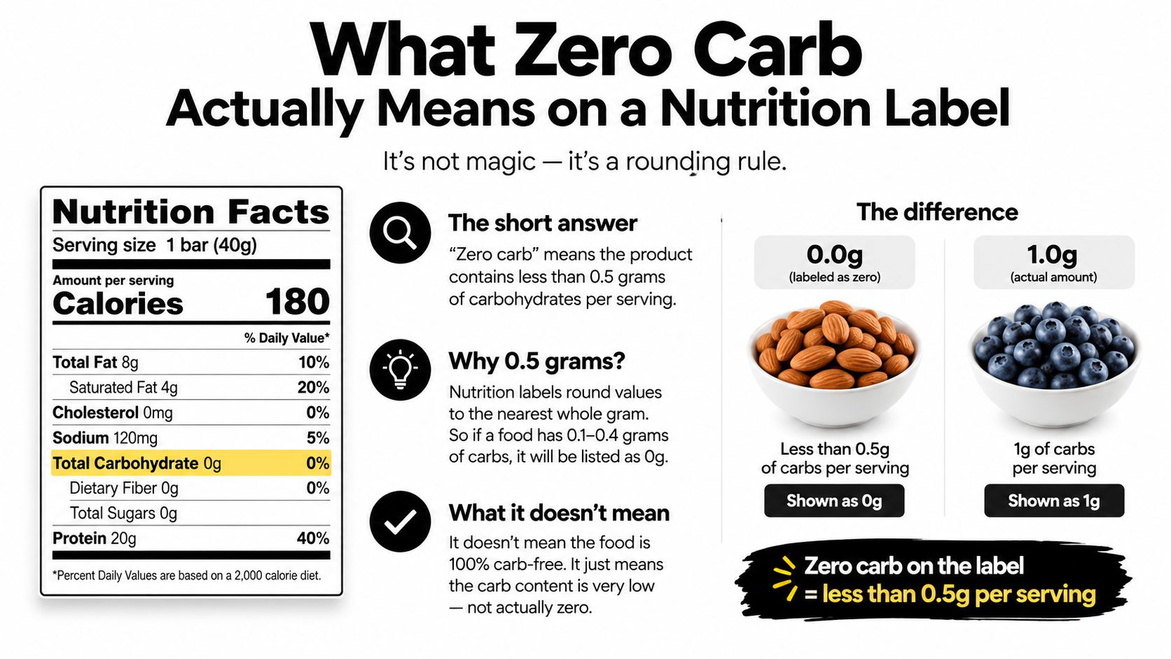 An infographic explaining that zero carb labels on food indicate less than 0.5 grams per serving.