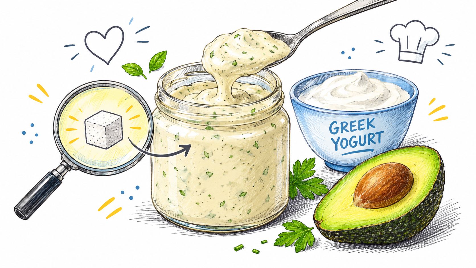 A hand-drawn illustration showing zero carb salad dressing, Greek yogurt, and fresh avocado with a sugar cube.