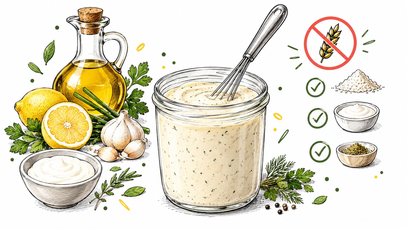 A hand-drawn illustration depicting ingredients for making healthy zero carb salad dressing, including oil, garlic, and herbs.