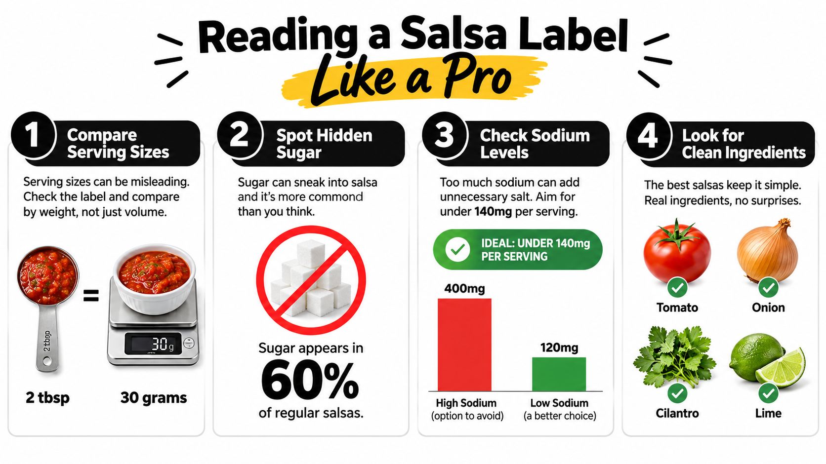 An infographic titled Reading a Salsa Label Like a Pro with four steps to evaluate salsa nutritional labels.
