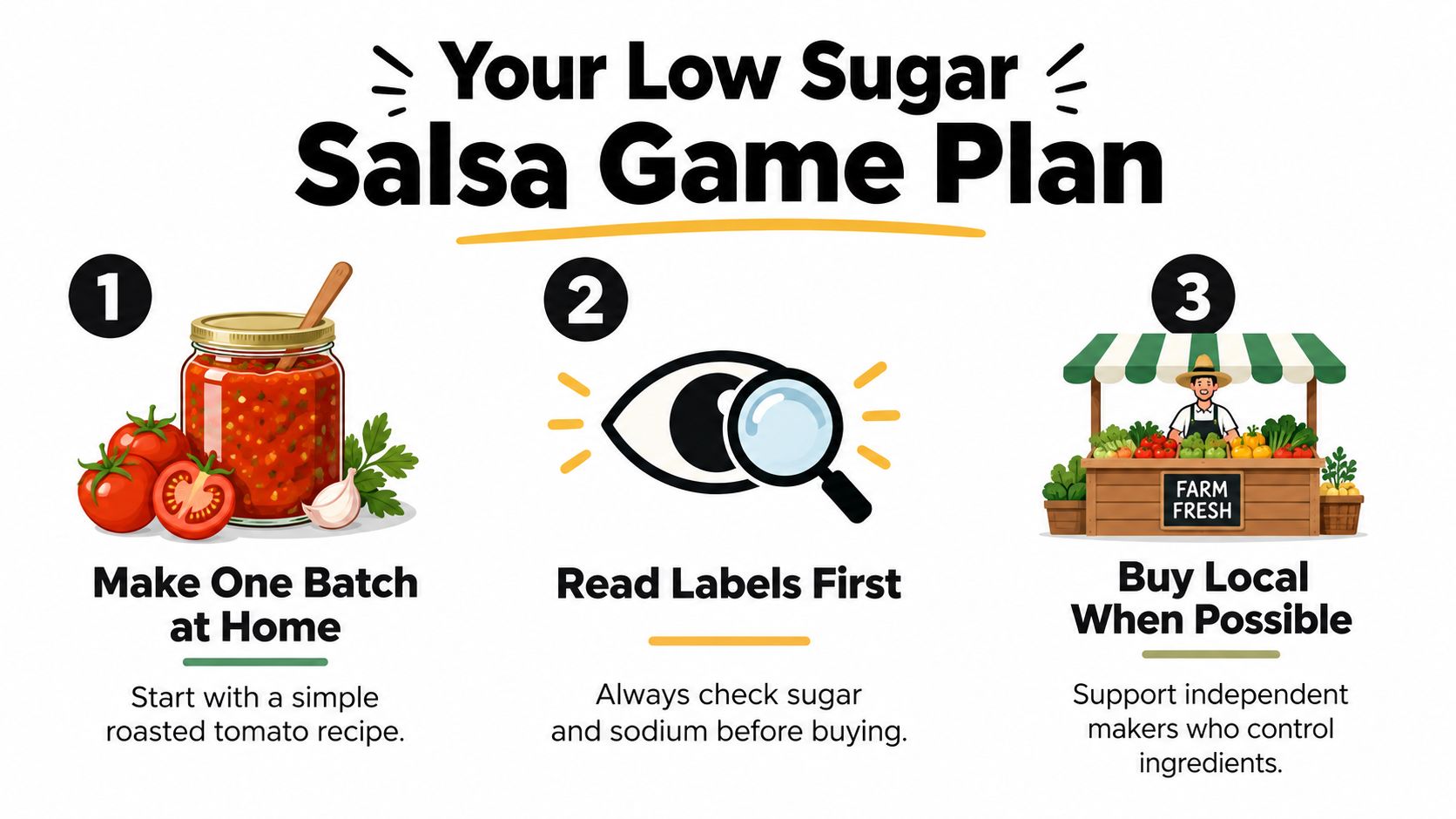 An infographic showing a three-step guide to choosing and making healthy low sugar salsa at home.