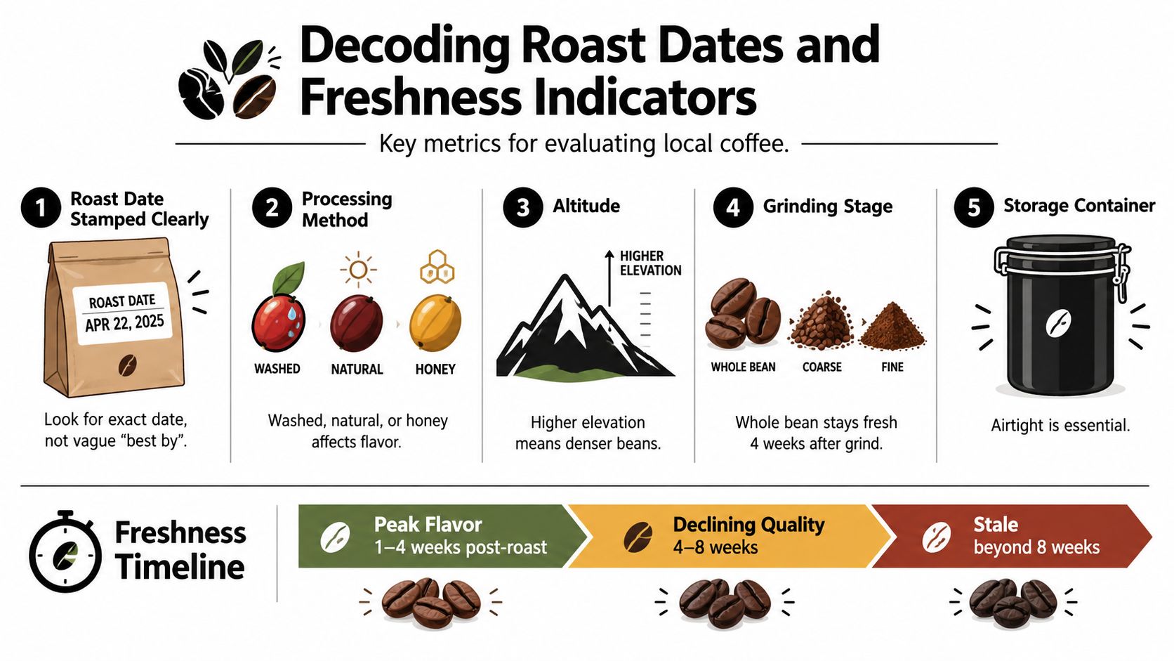 An infographic titled Decoding Roast Dates and Freshness Indicators showing five key coffee evaluation metrics.