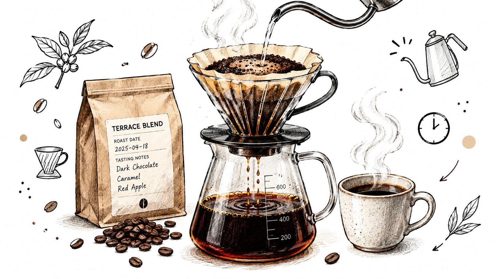 A hand-drawn illustration showing a pour-over coffee brewing setup with beans and a coffee bag.