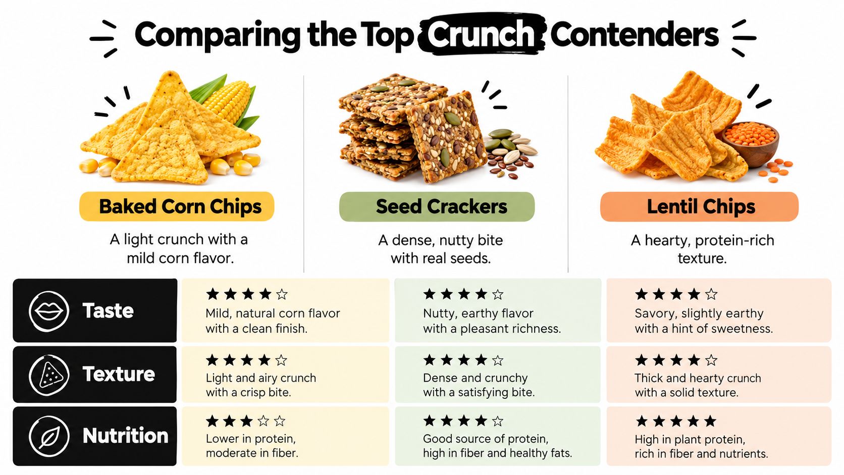 A comparison chart of baked corn chips, seed crackers, and lentil chips featuring taste, texture, and nutrition ratings.