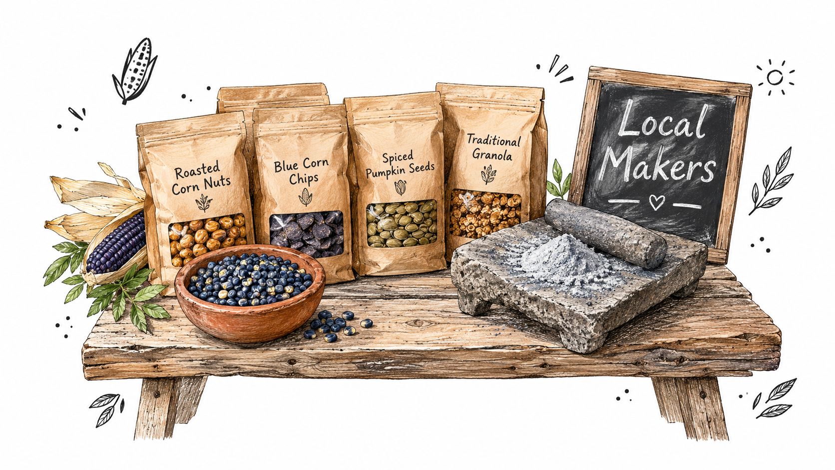 A rustic wooden table displaying various snack bags, a bowl of blue corn, and a traditional grinding stone.