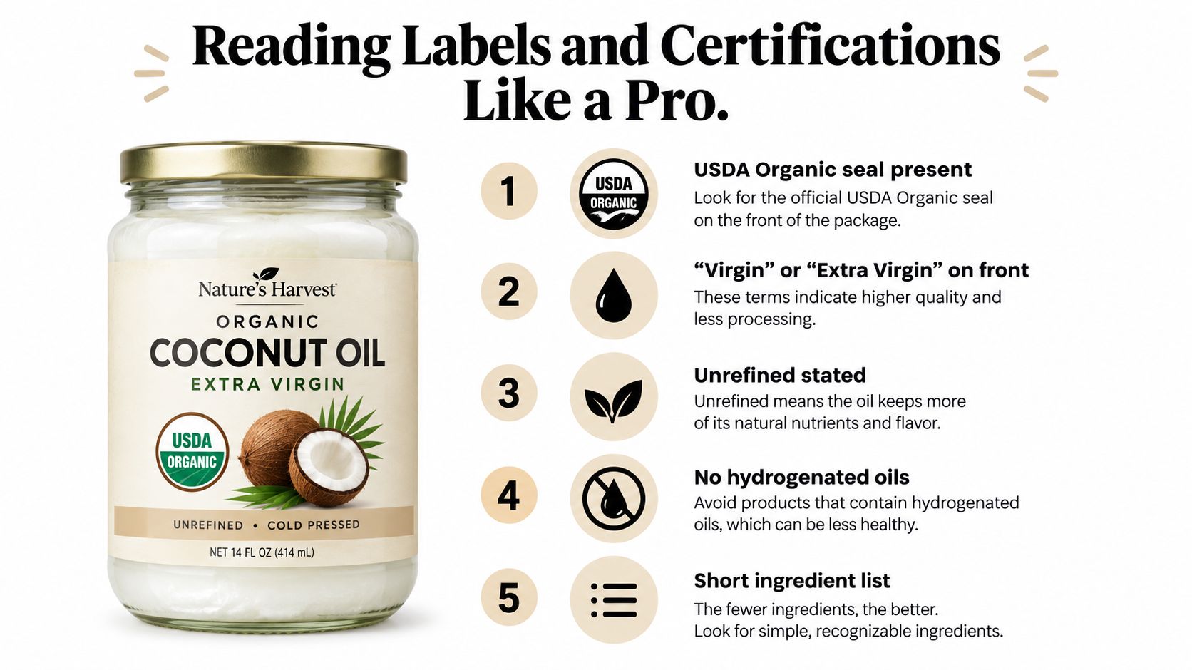 An infographic titled Reading Labels and Certifications Like a Pro explaining how to choose high-quality coconut oil.