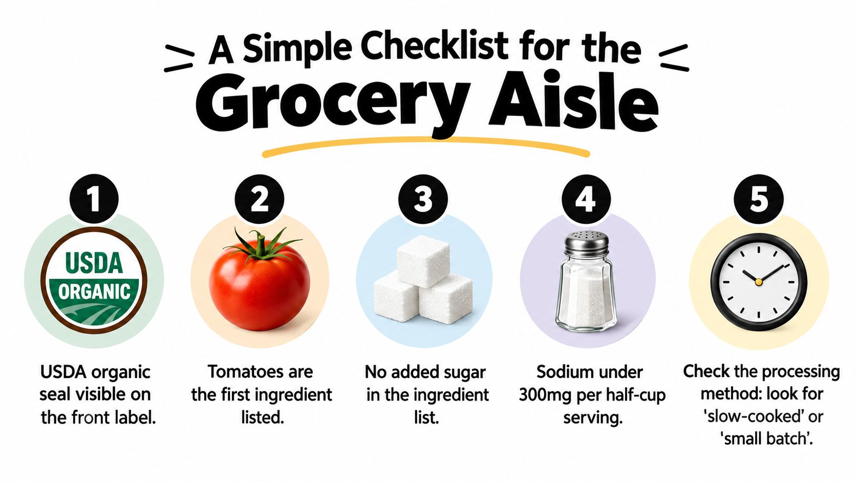 A five-step checklist for choosing healthy organic marinara sauce while shopping at the grocery store.