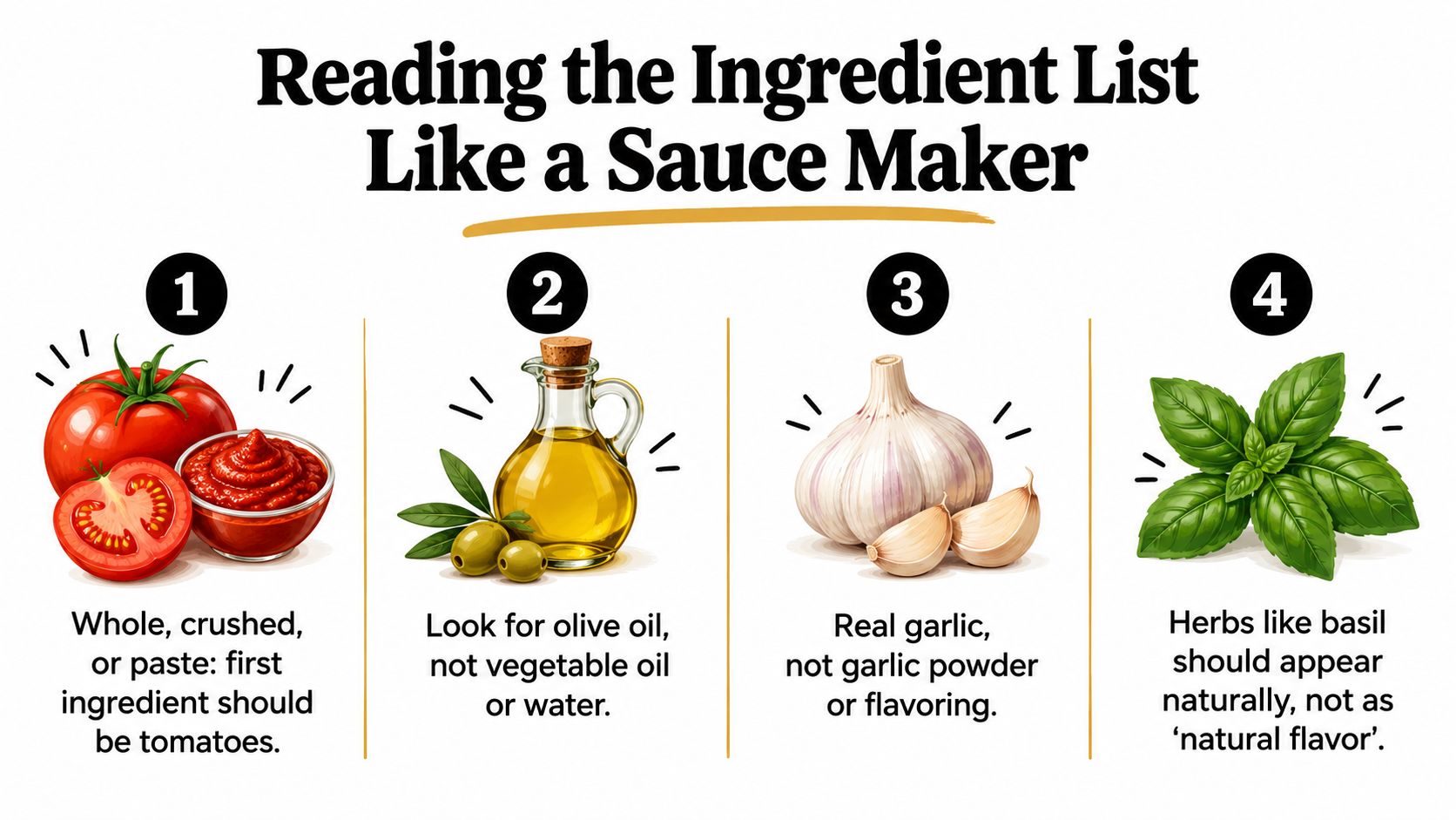 An infographic titled Reading the Ingredient List Like a Sauce Maker showing four key tips for choosing sauce.