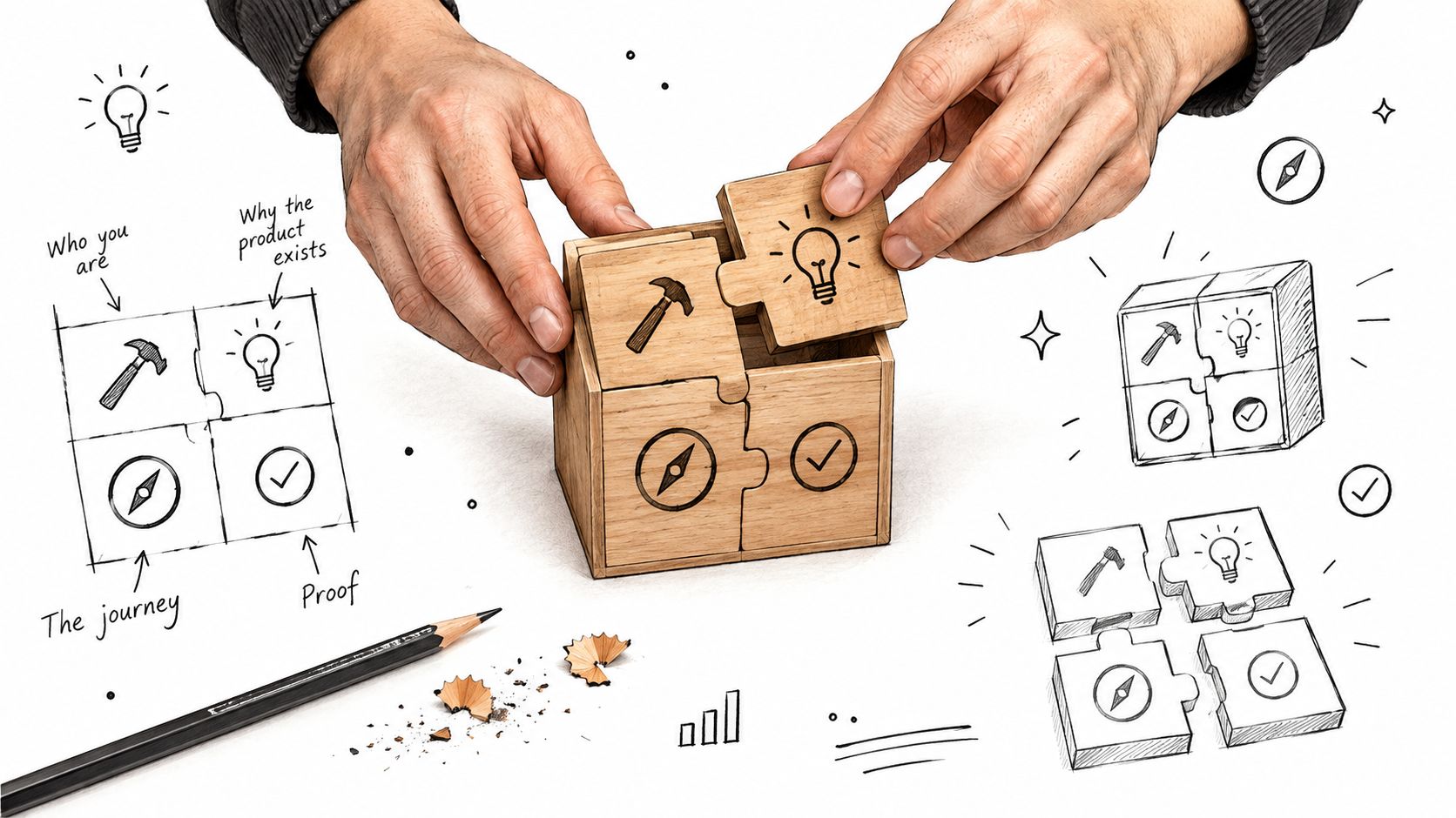 Hands assembling a wooden puzzle box with icons representing brand strategy and authentic storytelling concepts.