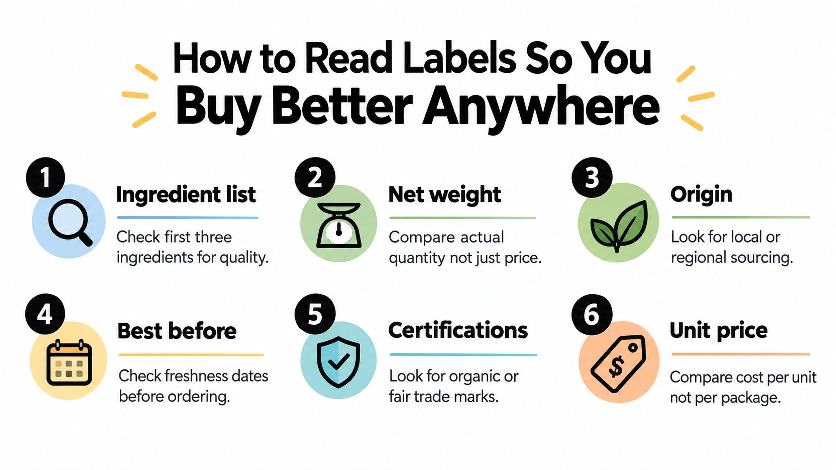 An infographic titled How to Read Labels So You Buy Better Anywhere, outlining six essential shopping tips.