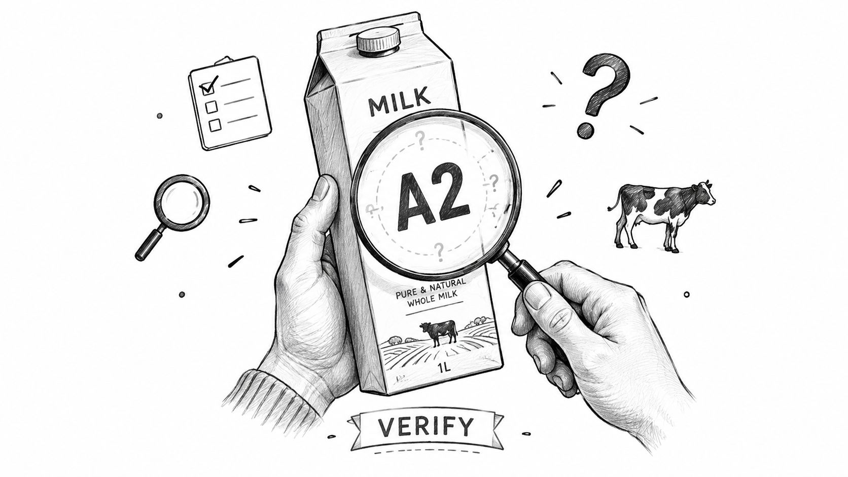 A hand holding a magnifying glass over a carton of A2 milk while checking its authenticity.