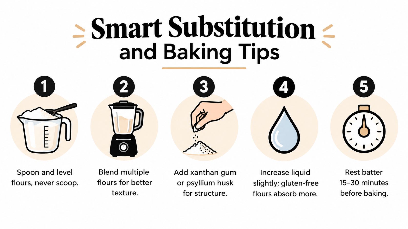 An infographic displaying five essential tips for successful gluten-free baking, including measuring, blending, and resting techniques.