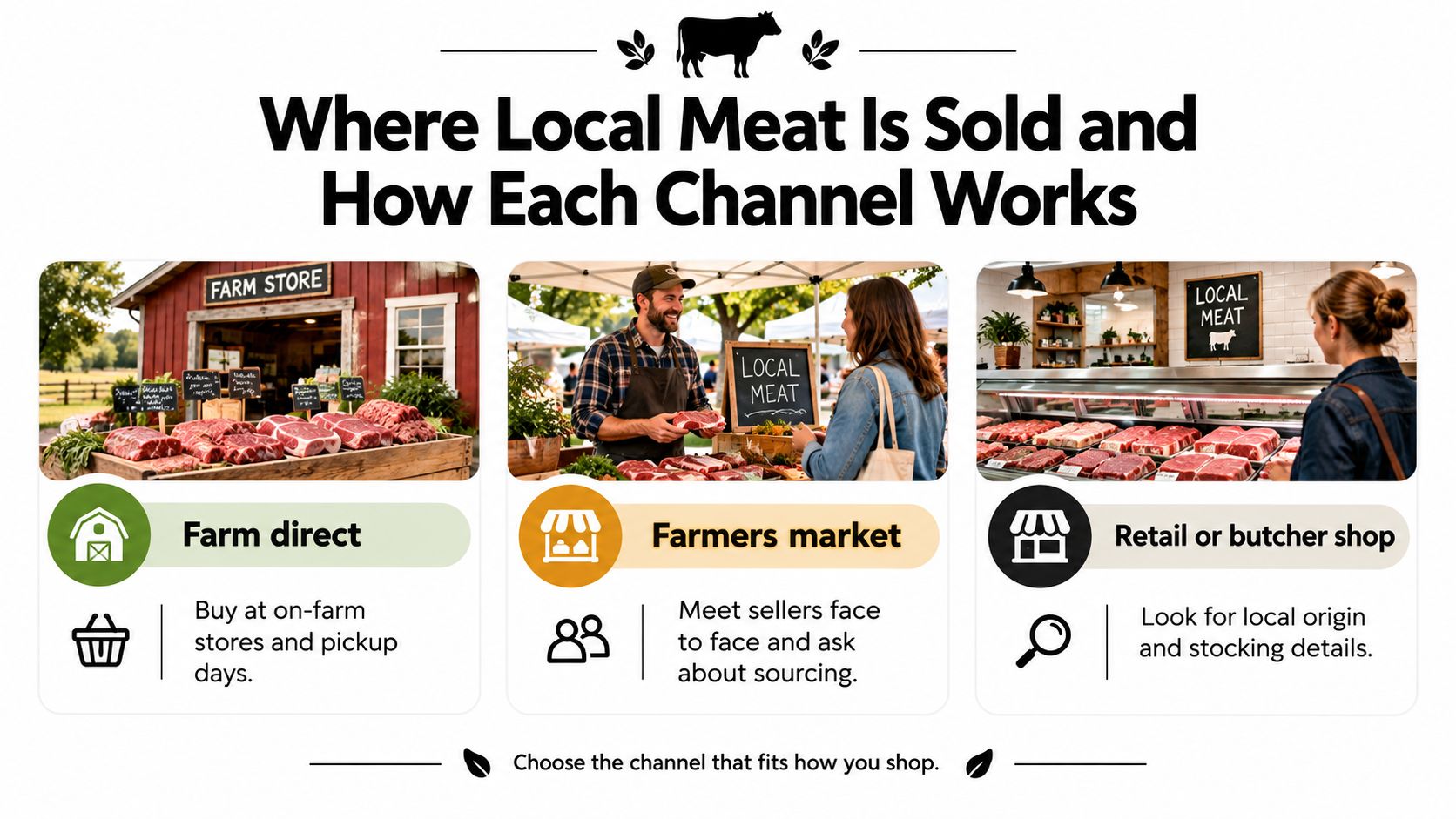 A visual guide explaining how to buy local meat through farm stores, farmers markets, or butcher shops.