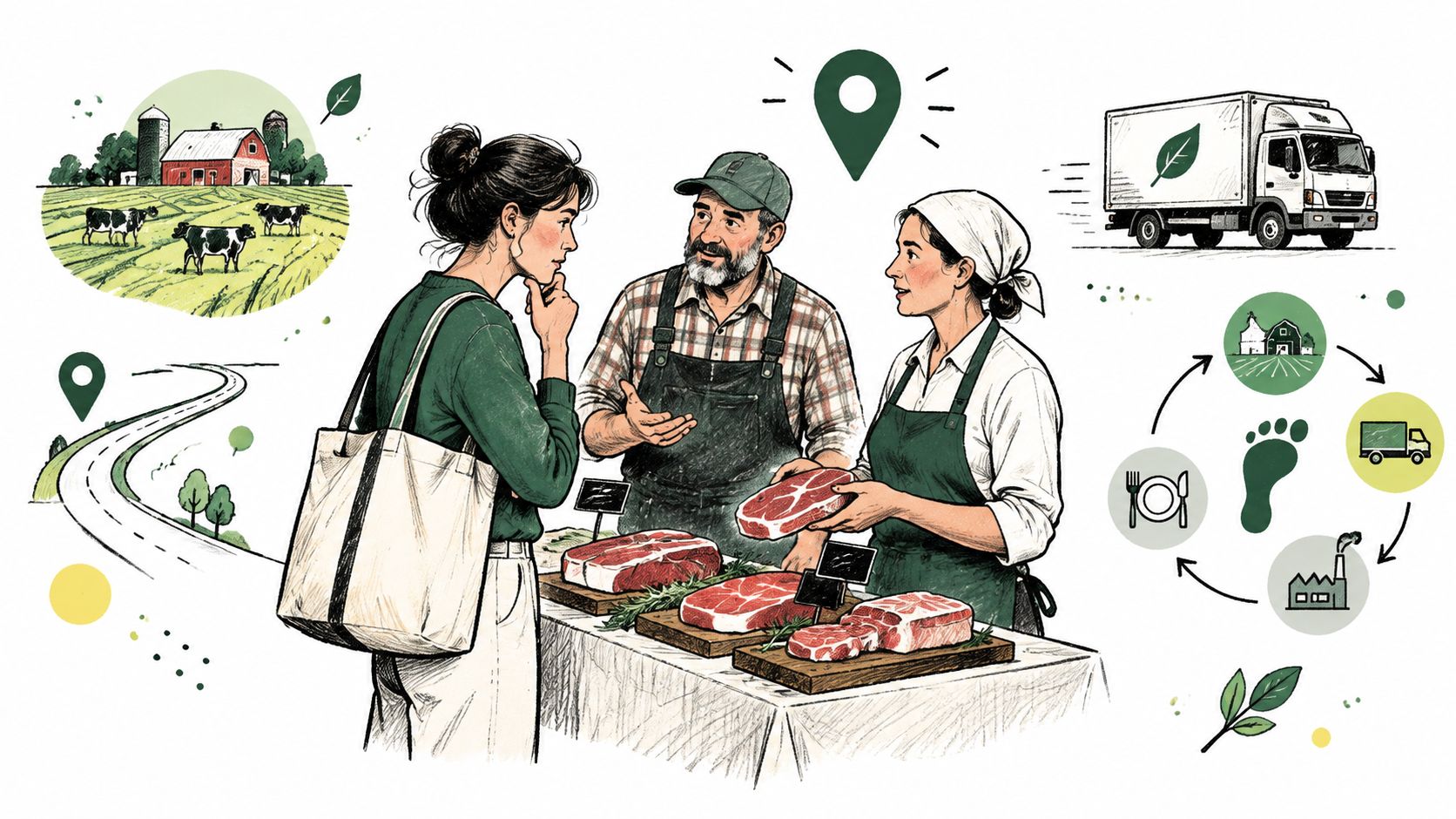 A woman shopping for meat at a local farmers market while discussing the origin of the produce.
