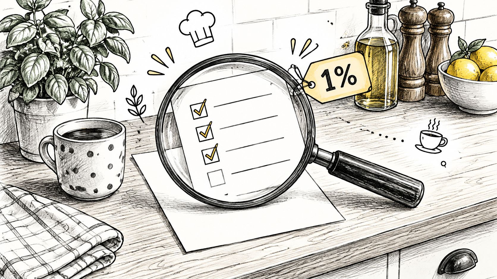 A magnifying glass focusing on a checklist with a one percent discount tag on a wooden kitchen counter.