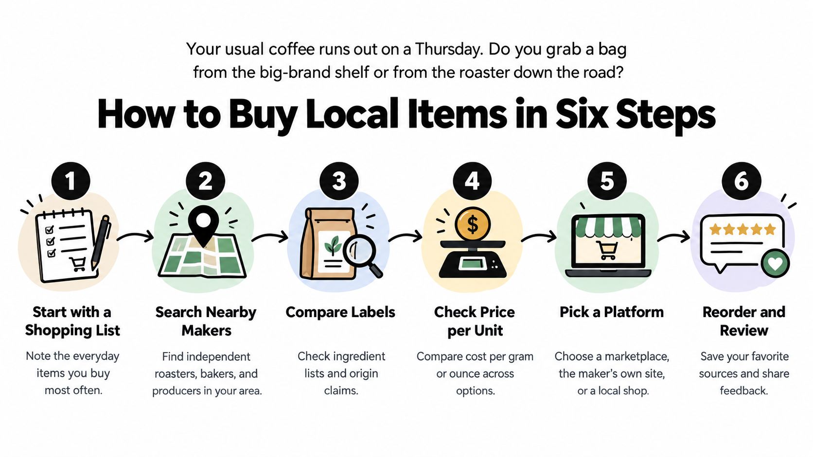 A six-step infographic illustrating how to support and buy from local makers and small businesses.