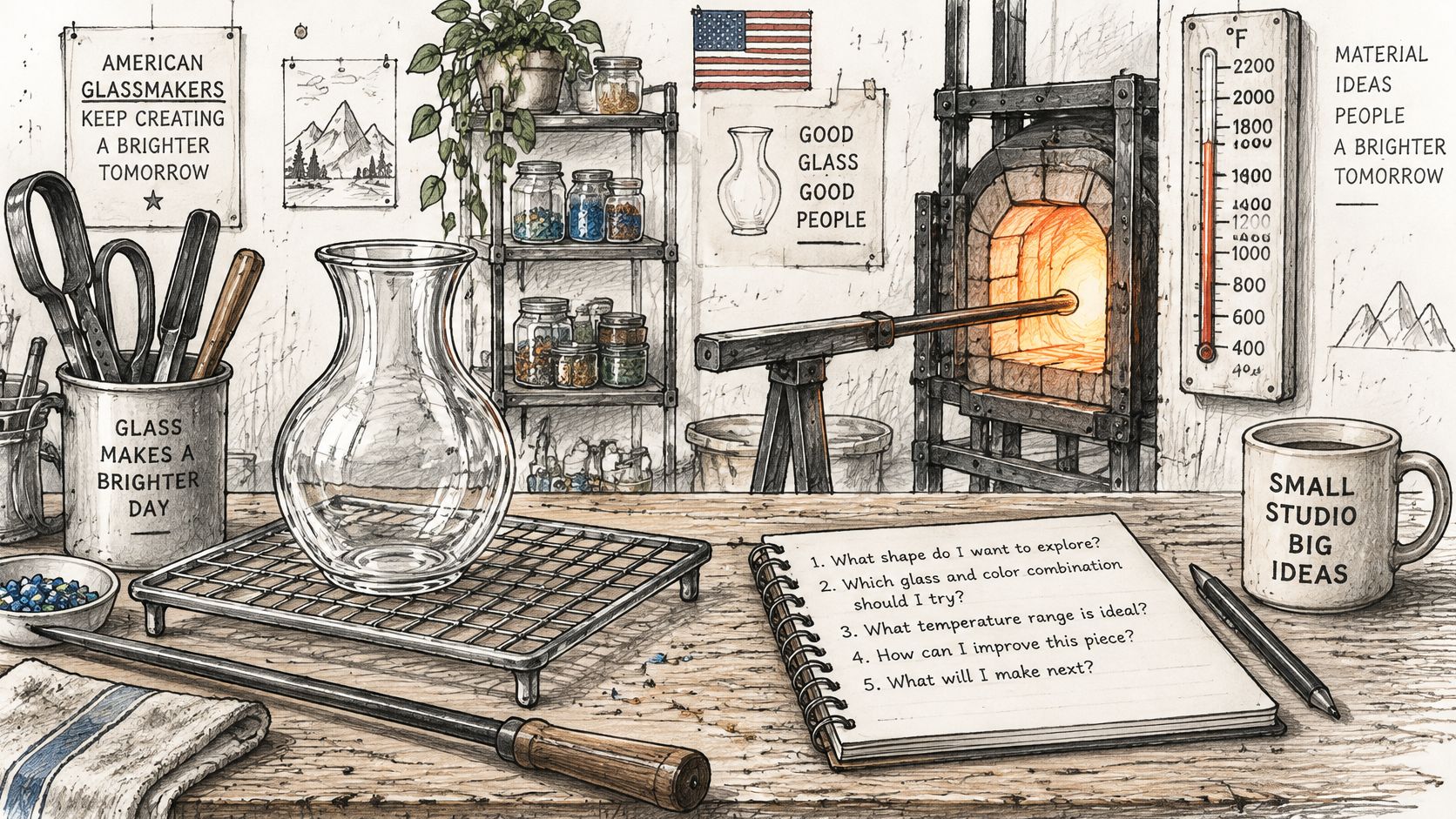 A detailed drawing of an artisan glassblower's workshop with tools, a furnace, and a checklist.