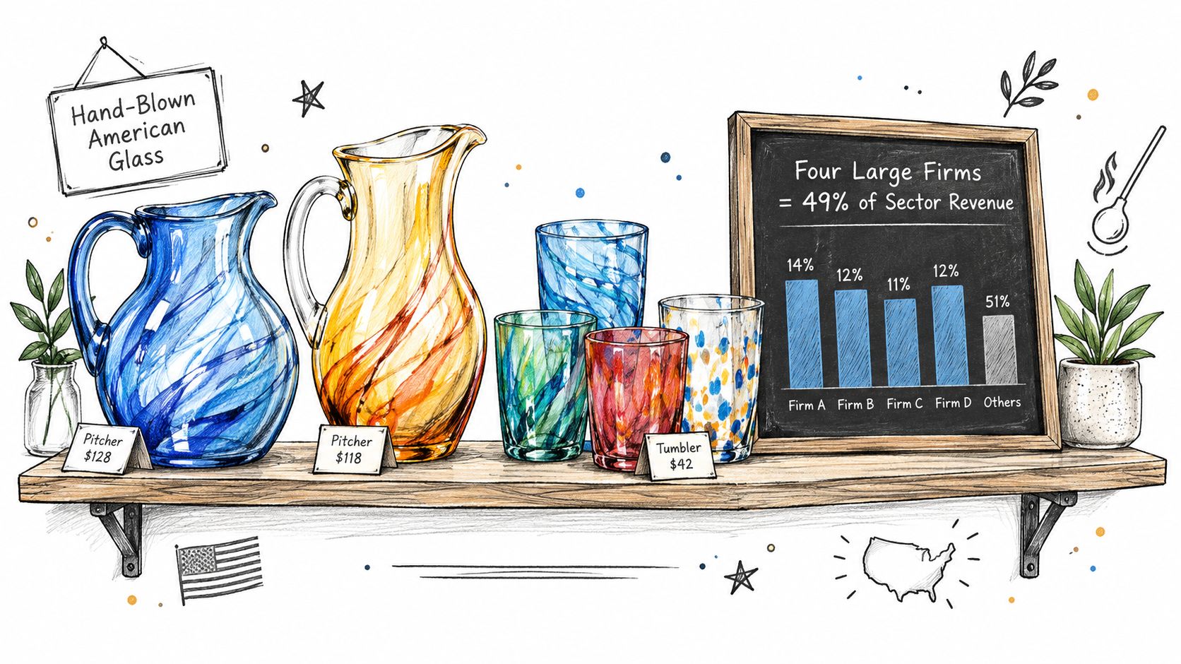 A hand-drawn illustration showing hand-blown American glassware products with a bar chart representing industry market share.