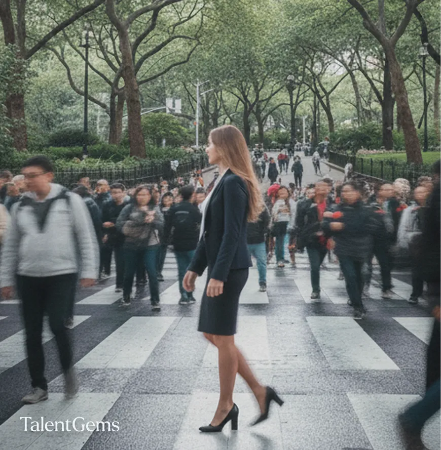 Woman in business attire walking confidently across a city crosswalk with blurred pedestrians in the background.