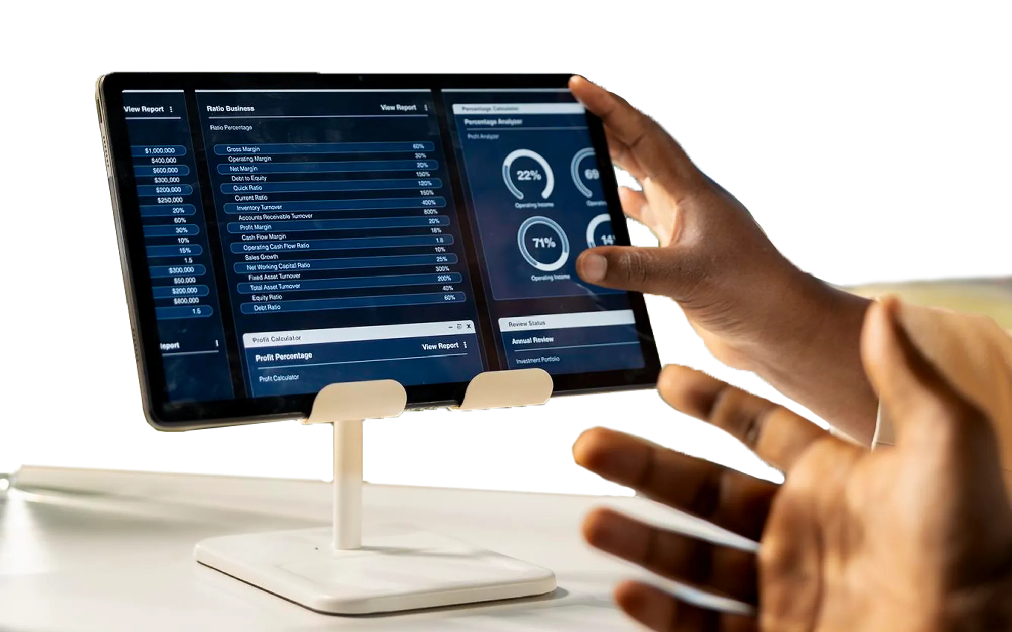 Person interacting with a tablet on a white stand displaying business ratio percentages and circular data charts.