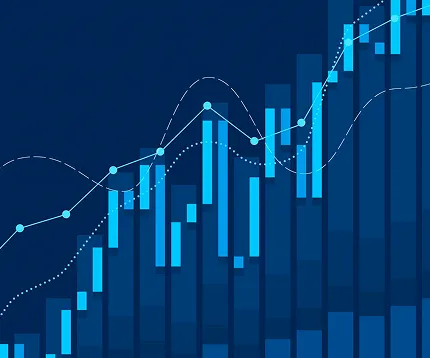 Blue and turquoise bar chart with dotted and dashed trend lines on a dark blue background.
