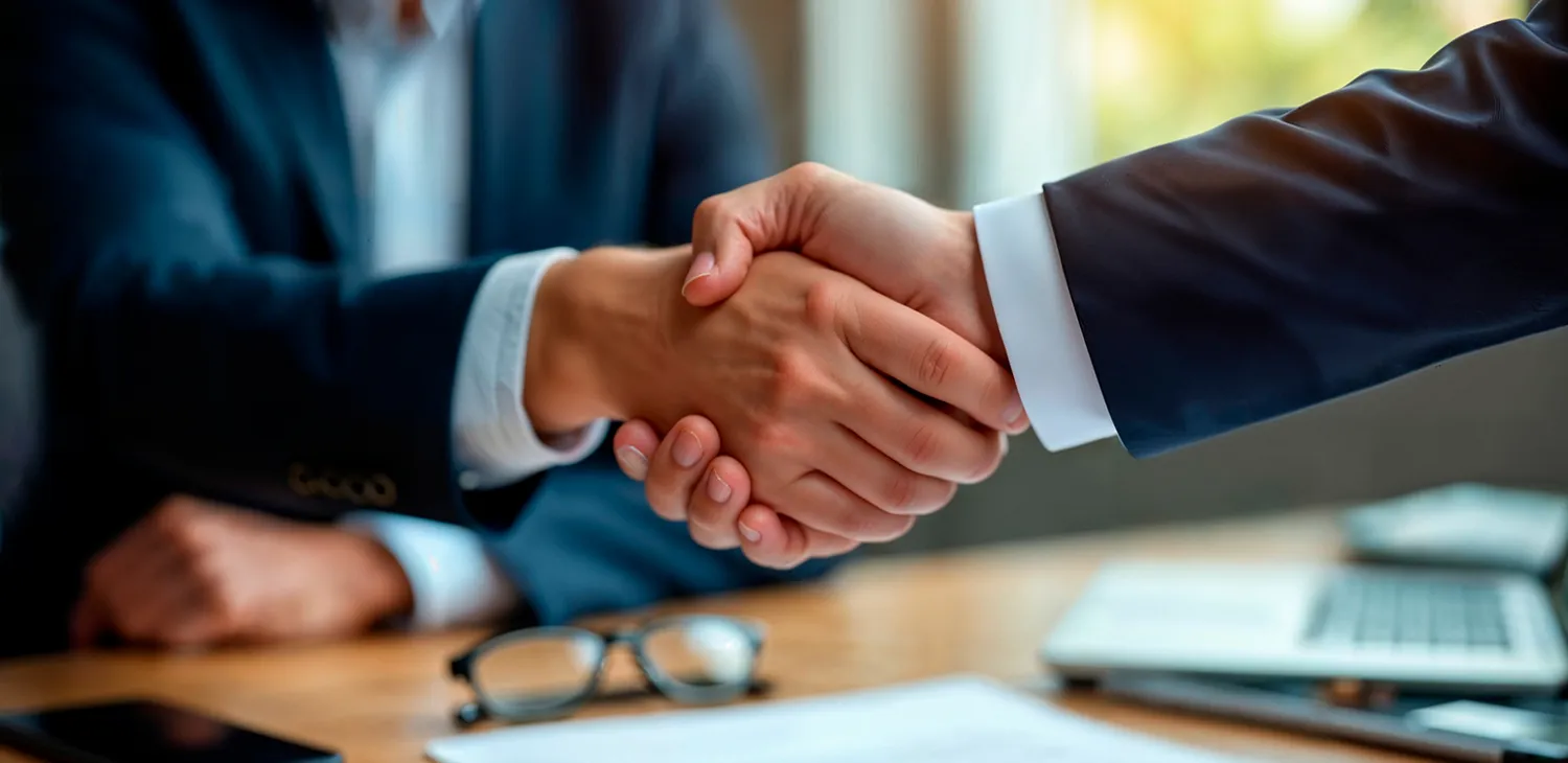 Two businesspeople shaking hands over a desk with glasses, documents, and a laptop.