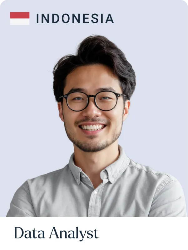 Smiling man with black hair, glasses, and a light gray button-up shirt, labeled as Data Analyst from Indonesia with the Indonesian flag.