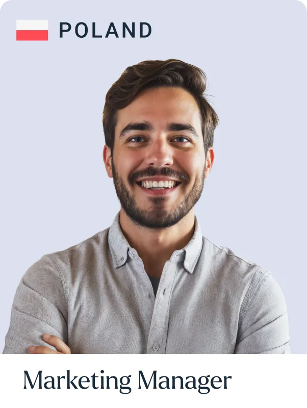 Smiling man with dark hair and beard wearing a light gray shirt, labeled as Marketing Manager from Poland with the Polish flag.
