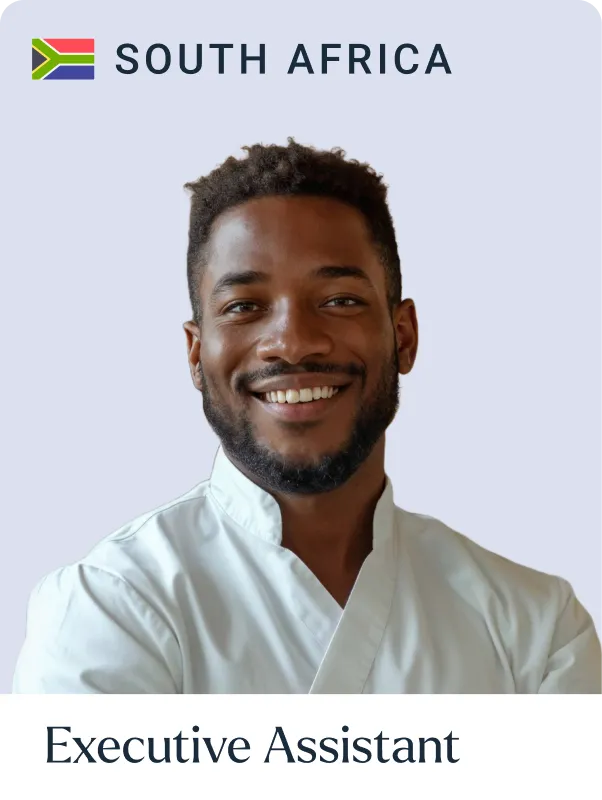 Smiling young Black man with short curly hair wearing a white shirt, labeled as Executive Assistant from South Africa with a South African flag.