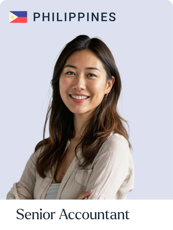 Smiling young woman with long dark hair standing with arms crossed, labeled Senior Accountant with Philippines flag.