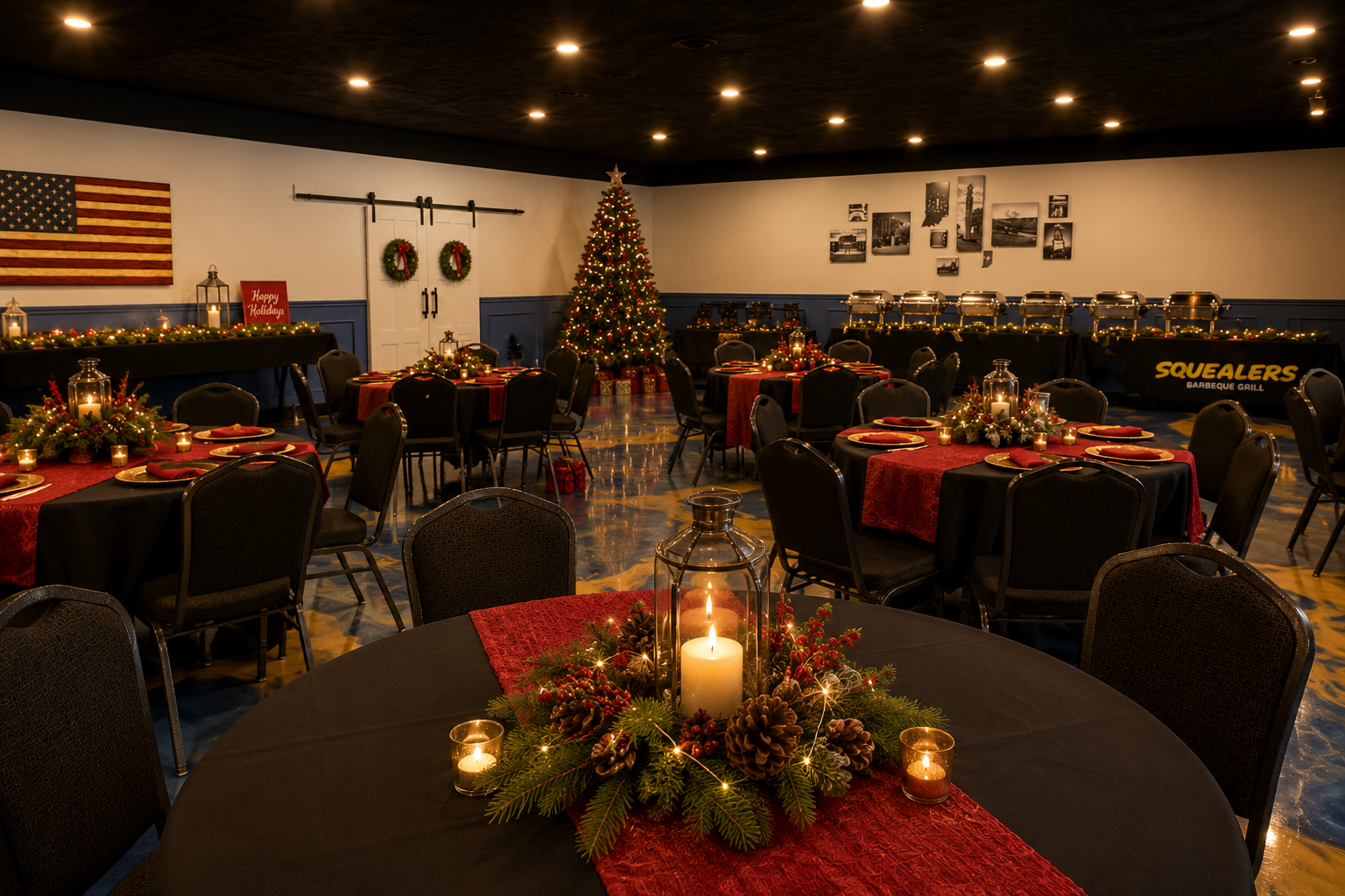 Dining tables arranged inside Squealers Event Center