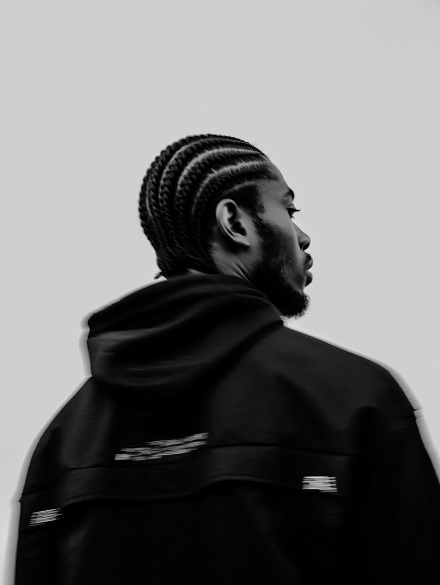 Black and white portrait of a young man with cornrow braids wearing a hoodie, viewed from the side and back.