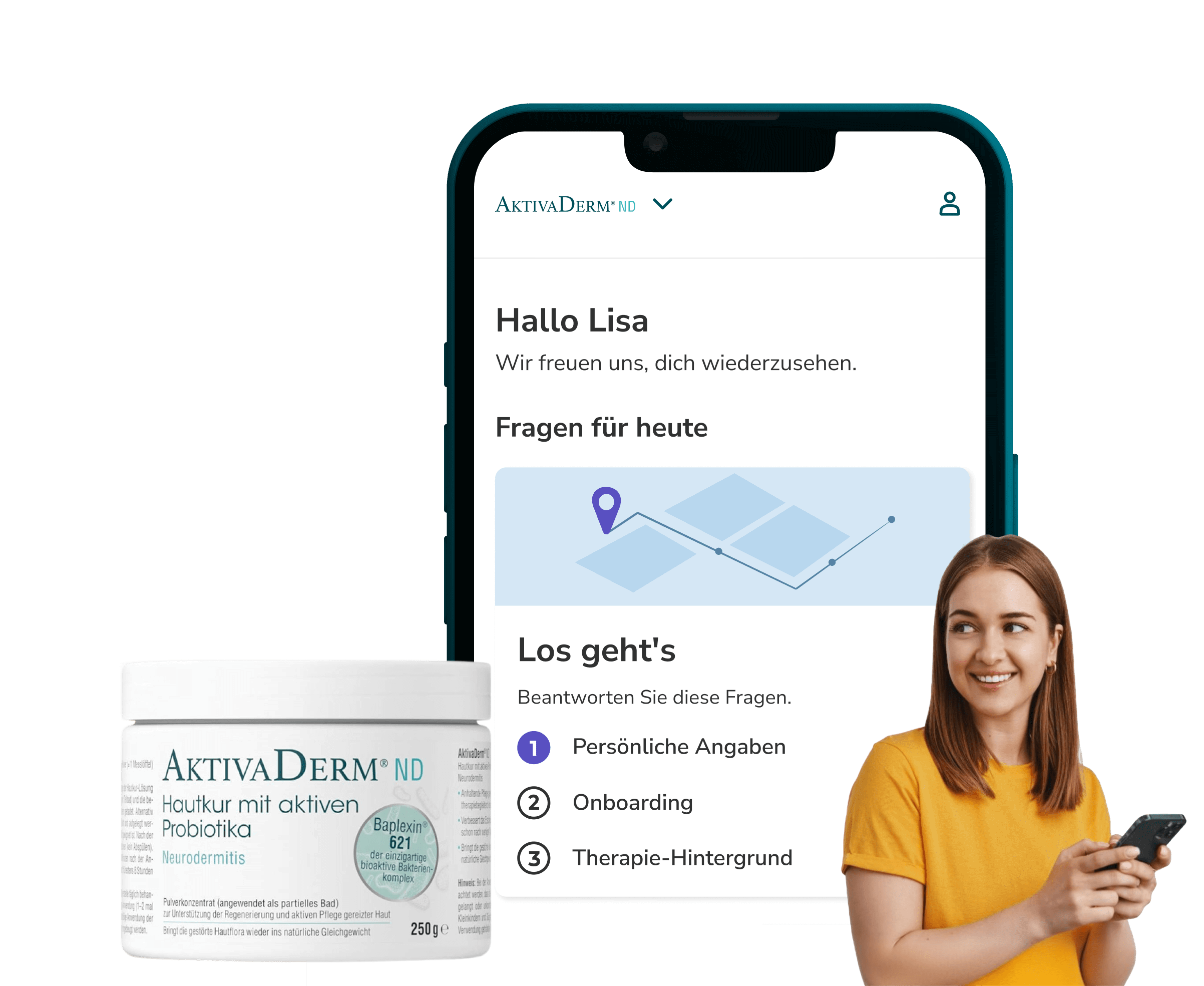 brite app showing the AktivaDerm treatment space, next to a smiling person and a packshot of the packaging.