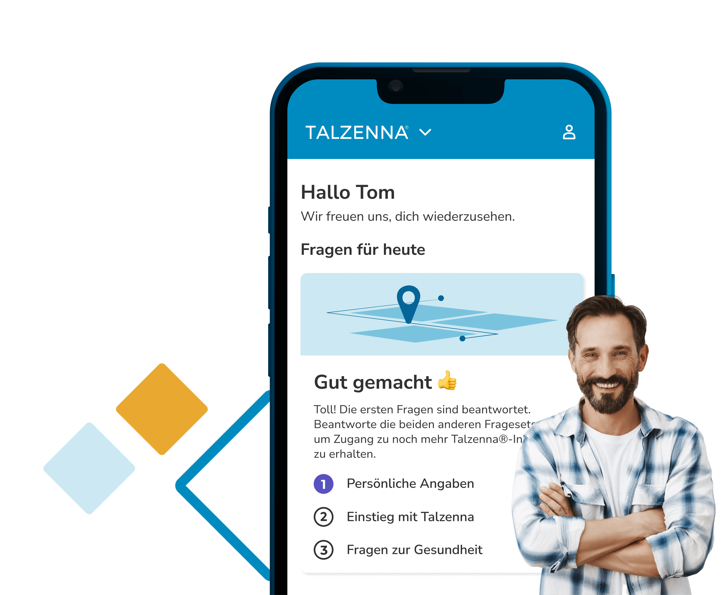 brite app showing the Talzenna treatment space, next to a smiling person and a packshot of the packaging.