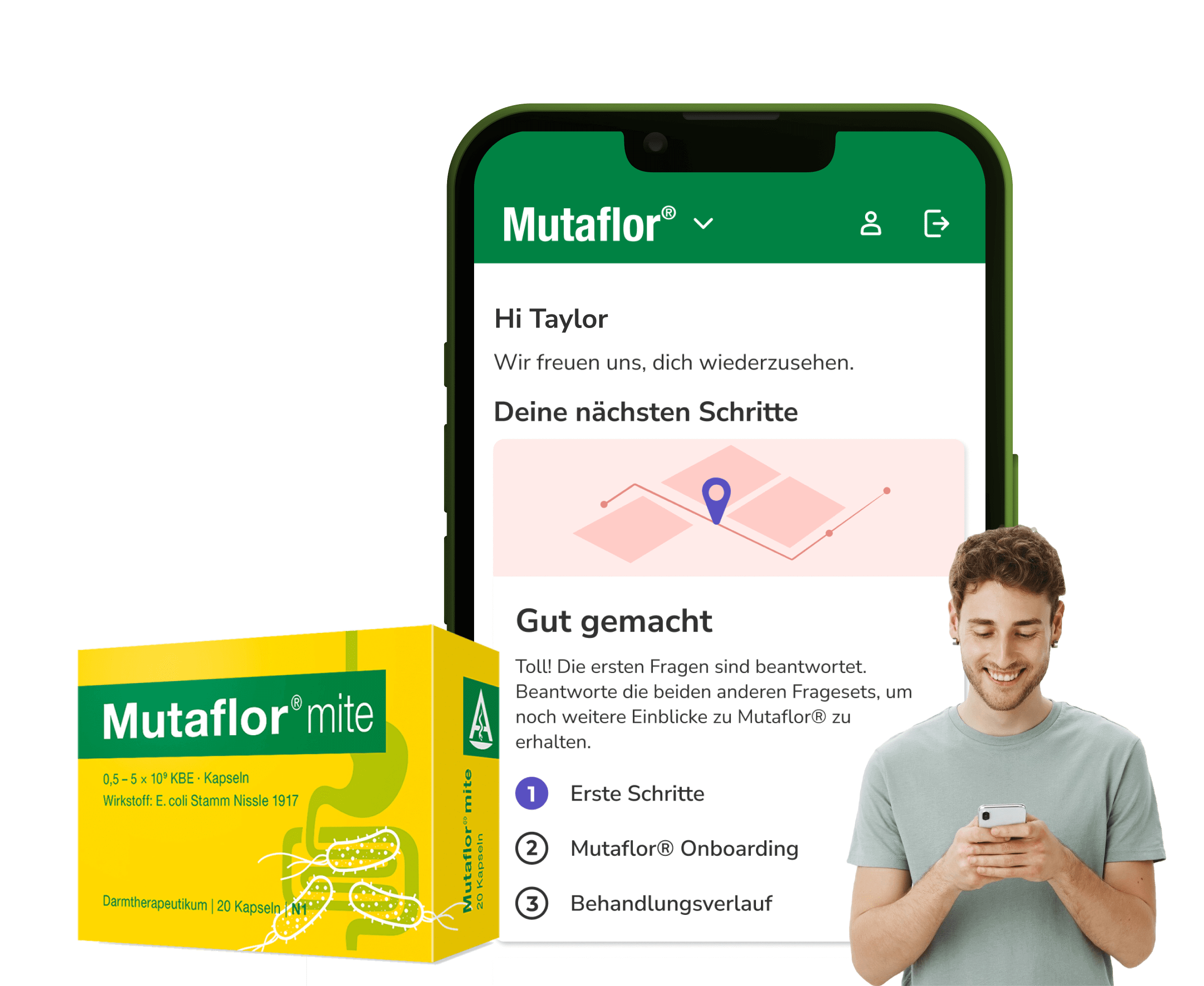 brite app showing the Mutaflor treatment space, next to a smiling person and a packshot of the packaging.