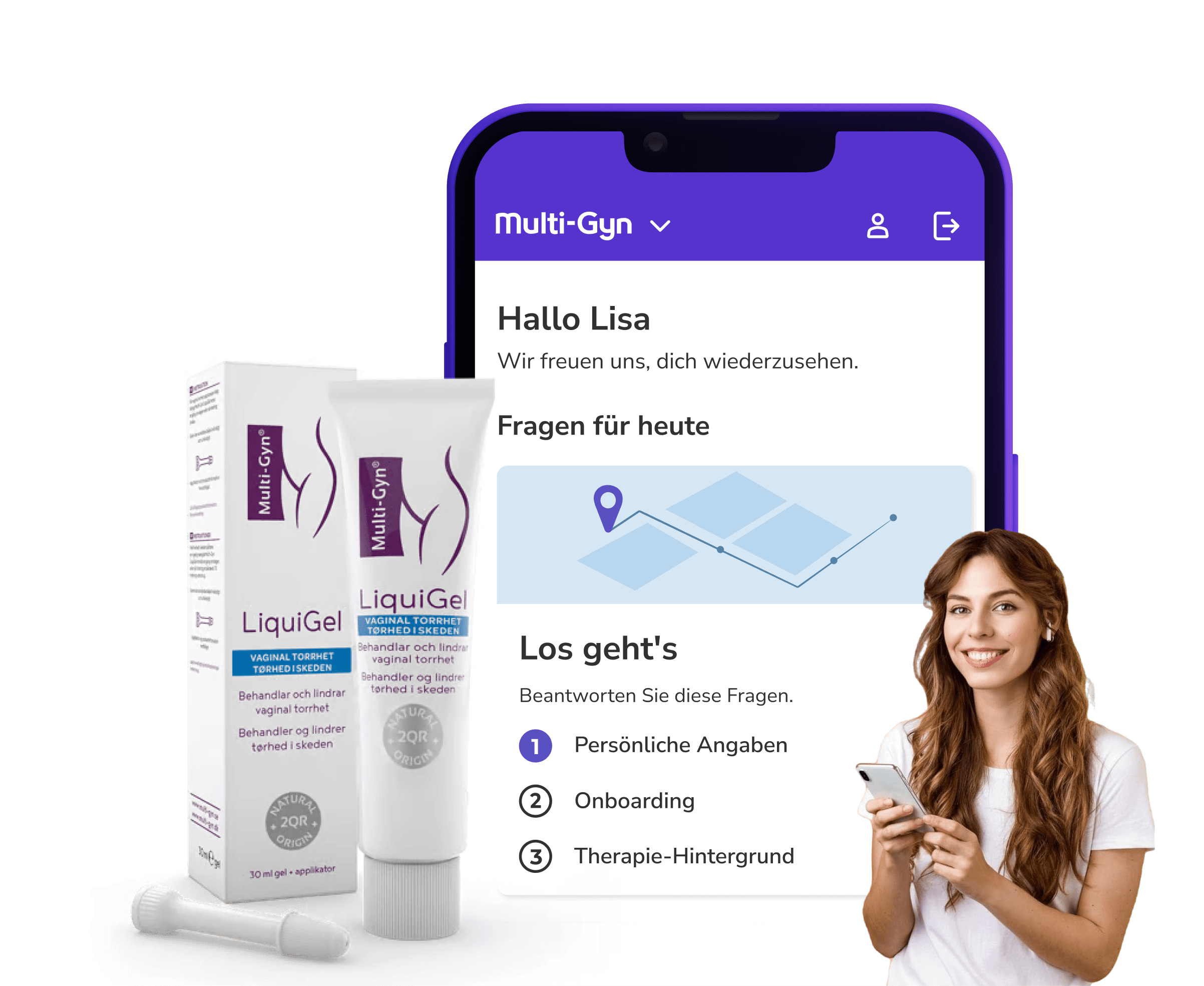 brite app showing the Multi-Gyn treatment space, next to a smiling person and a packshot of the packaging.