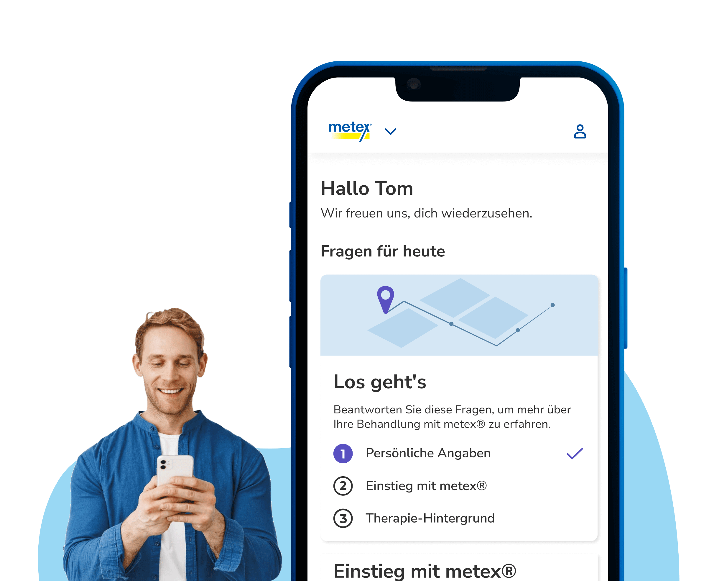 brite app showing the metex treatment space, next to a smiling person and a packshot of the packaging.
