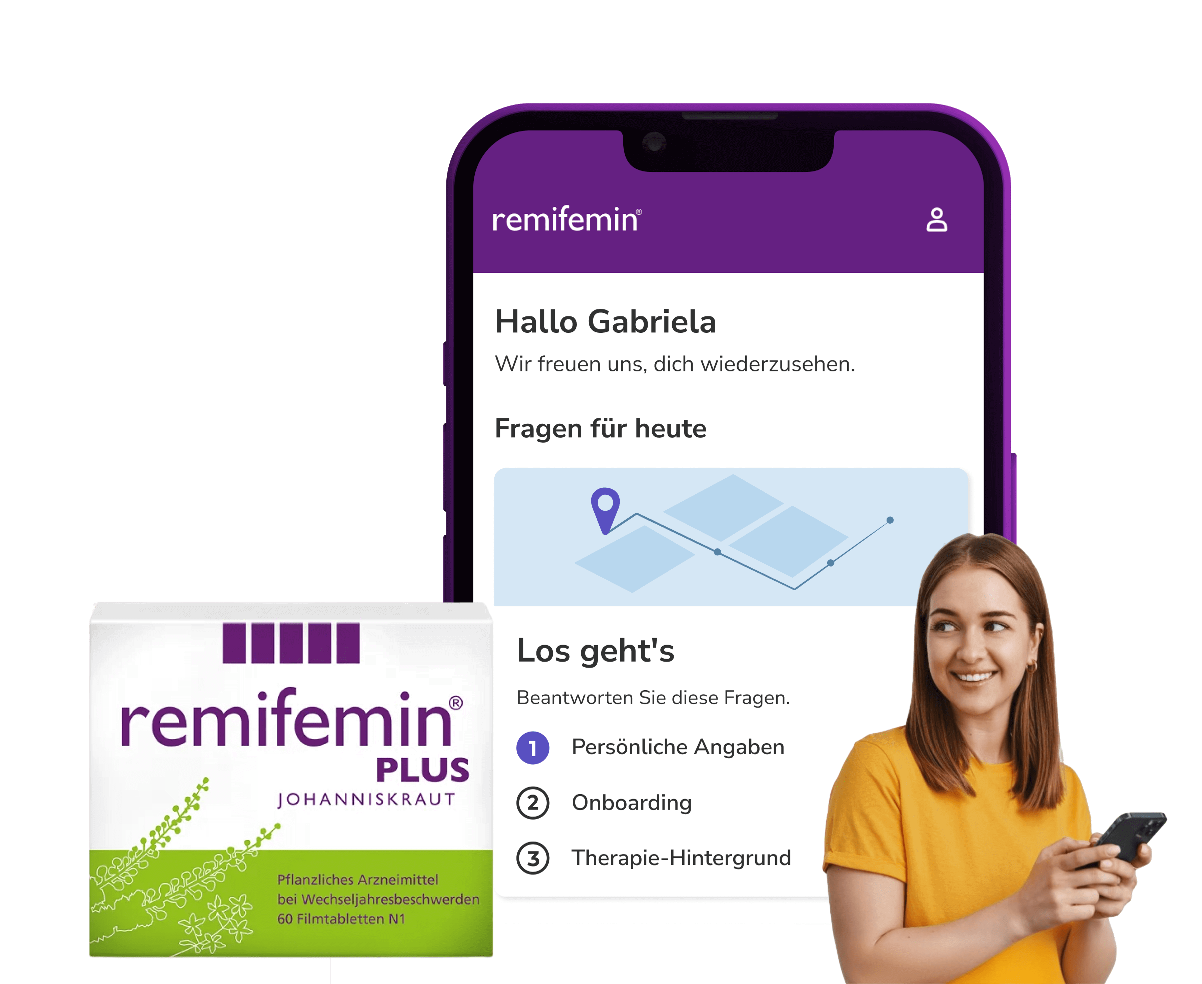 brite app showing the Remifemin treatment space, next to a smiling person and a packshot of the packaging.