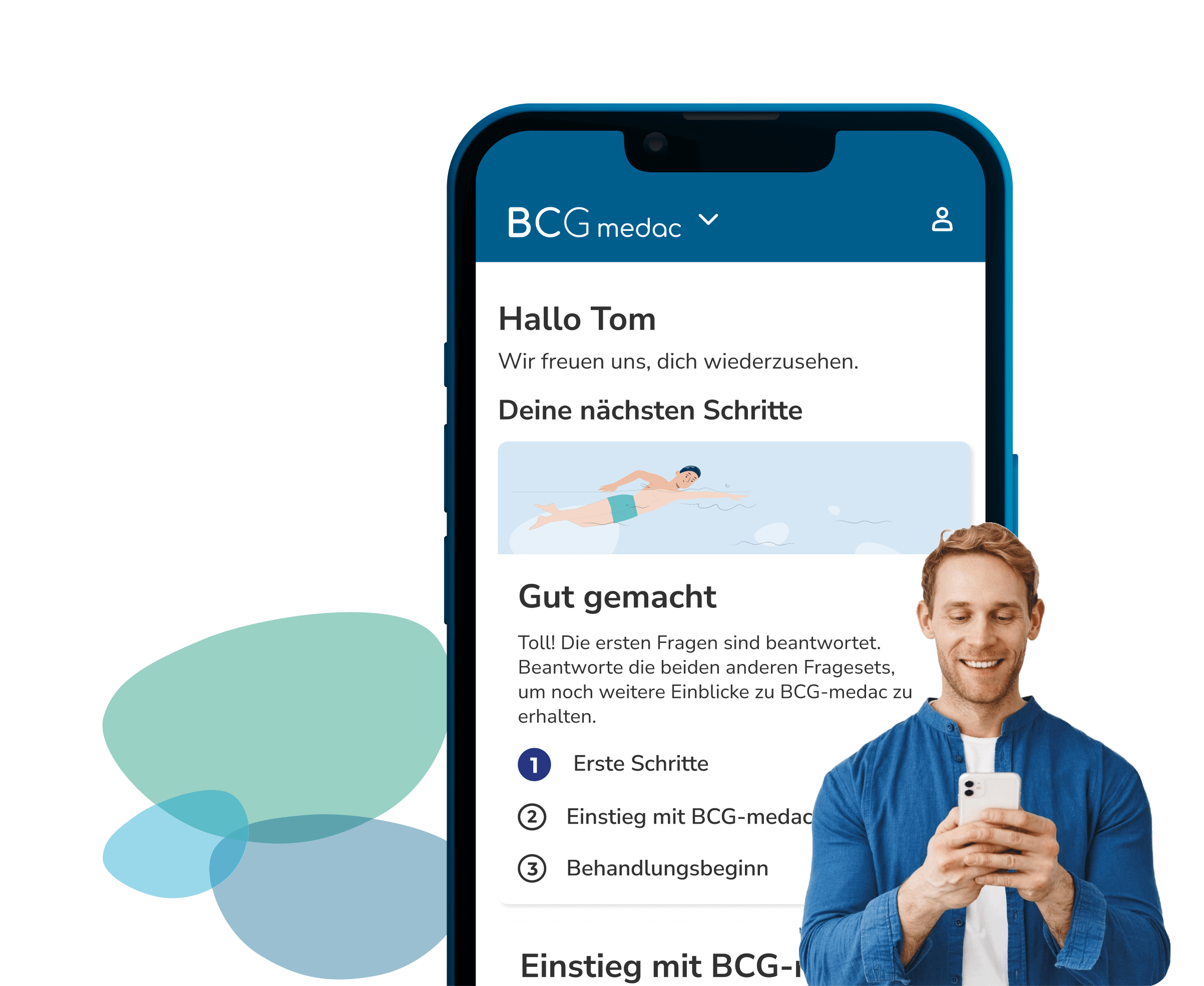 brite app showing the BCG treatment space, next to a smiling person and a packshot of the packaging.