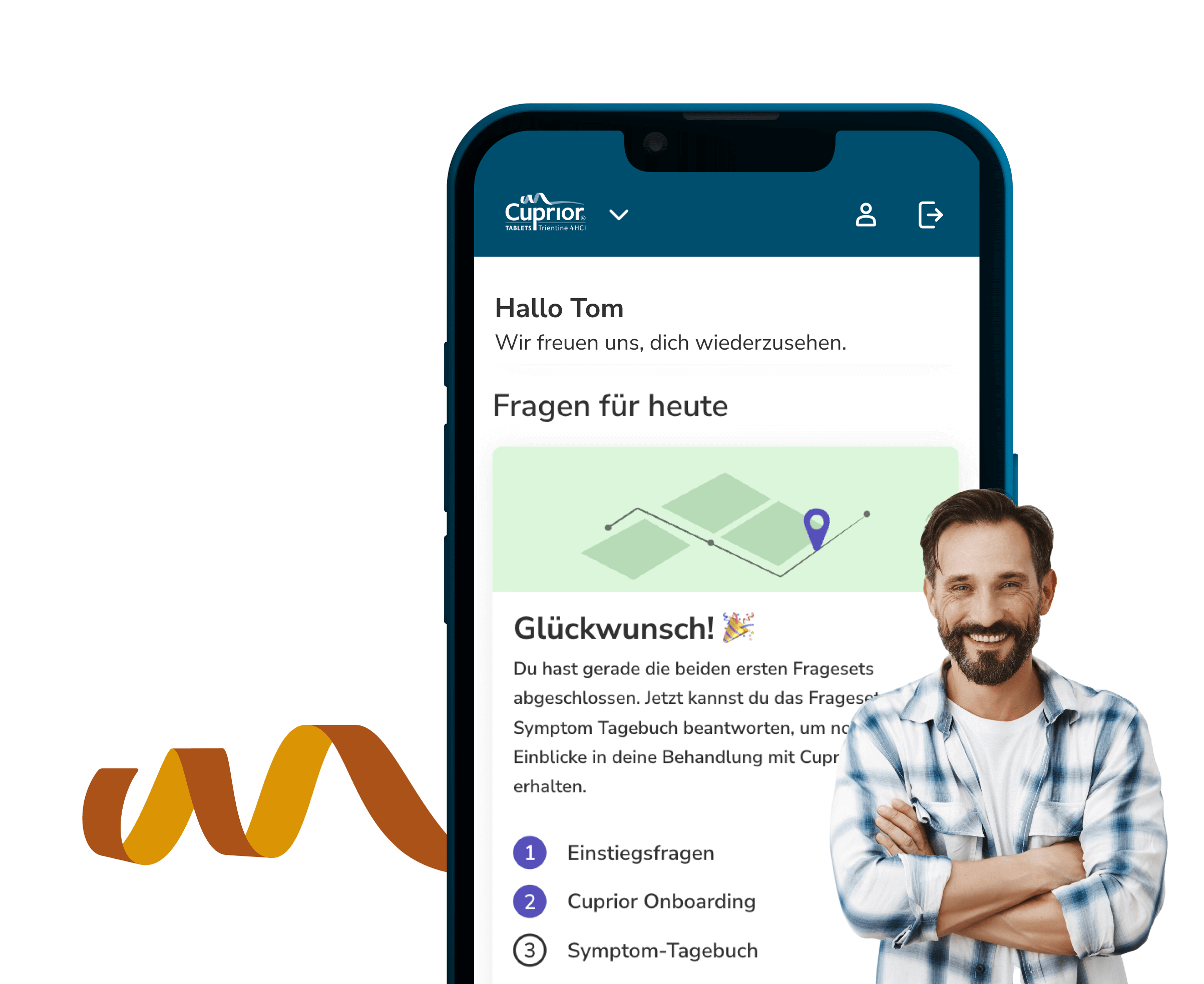 brite App zeigt den Cuprior Behandlungsbereich neben einer lächelnden Person und einer Verpackungsabbildung.