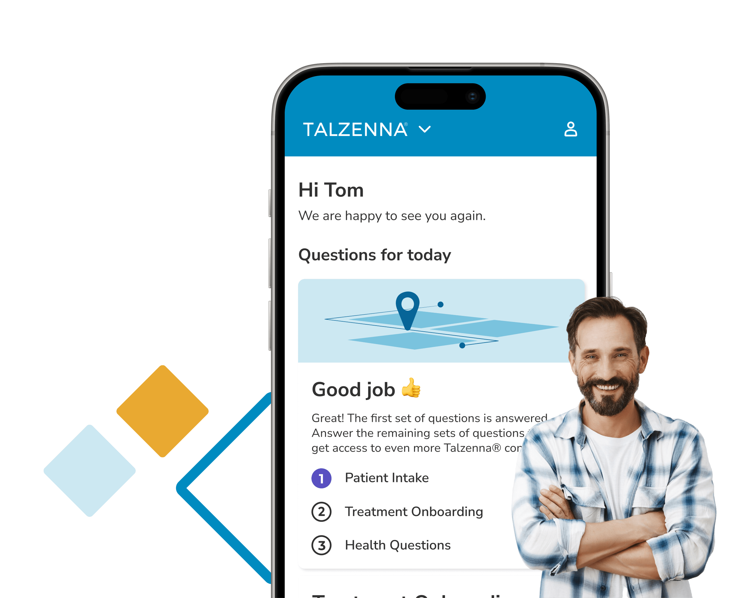 brite app showing the Talzenna treatment space, next to a smiling person and a packshot of the packaging.
