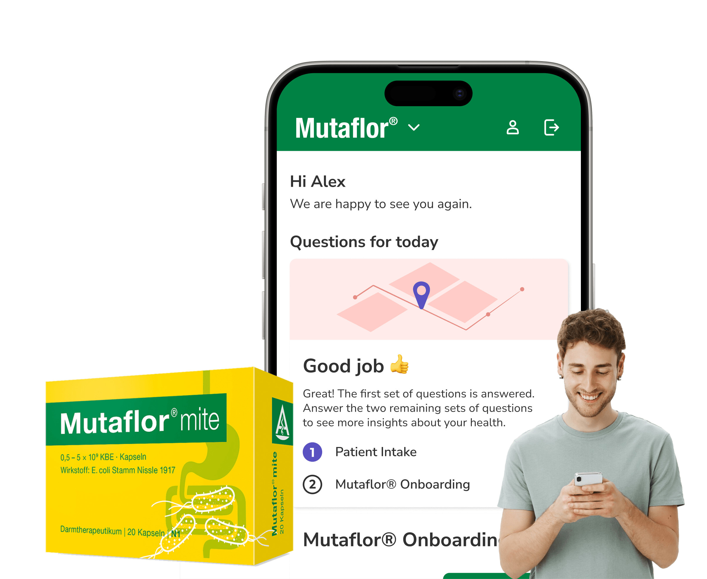 brite app showing the Mutaflor treatment space, next to a smiling person and a packshot of the packaging.