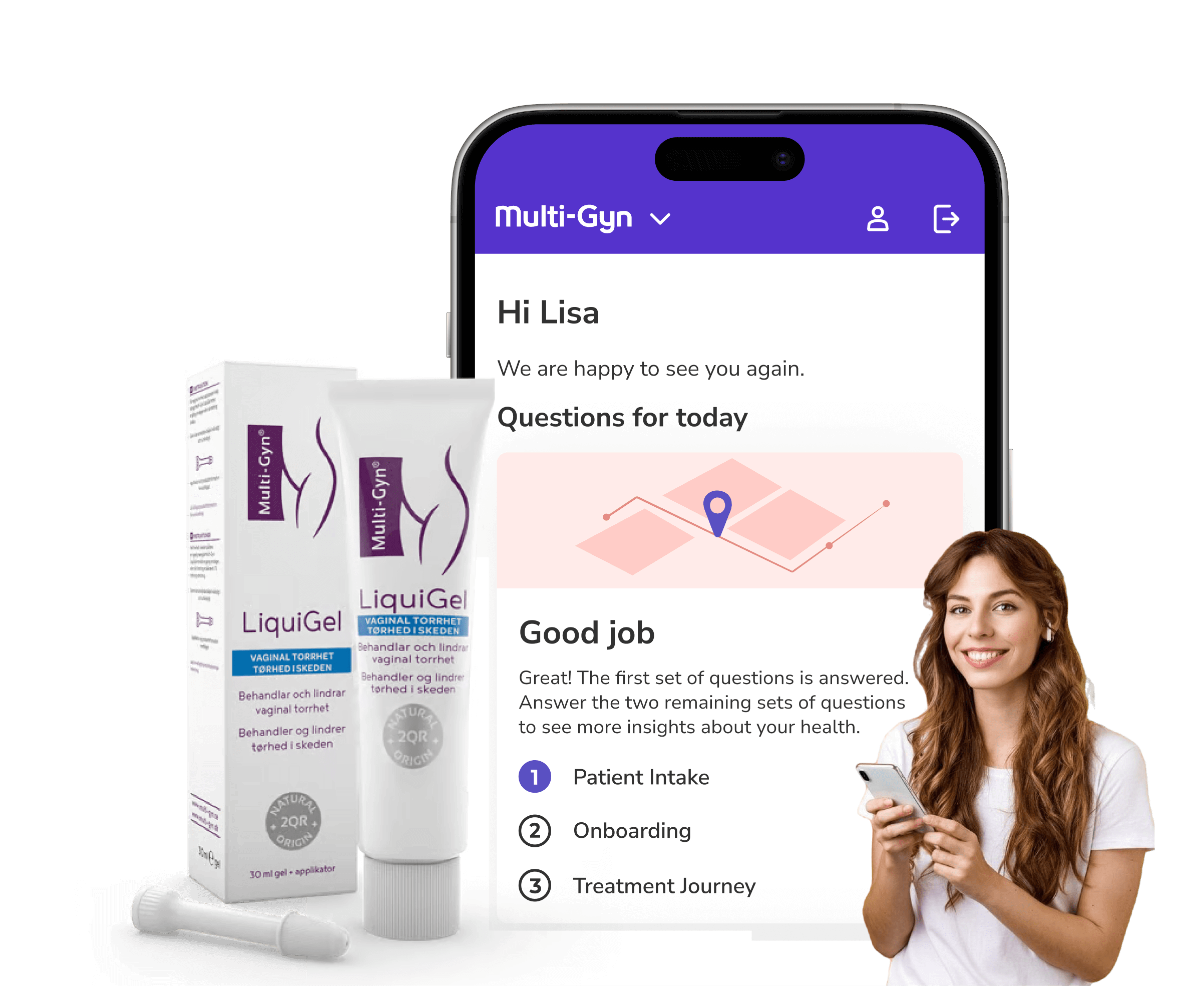 brite app showing the Multi-Gyn treatment space, next to a smiling person and a packshot of the packaging.