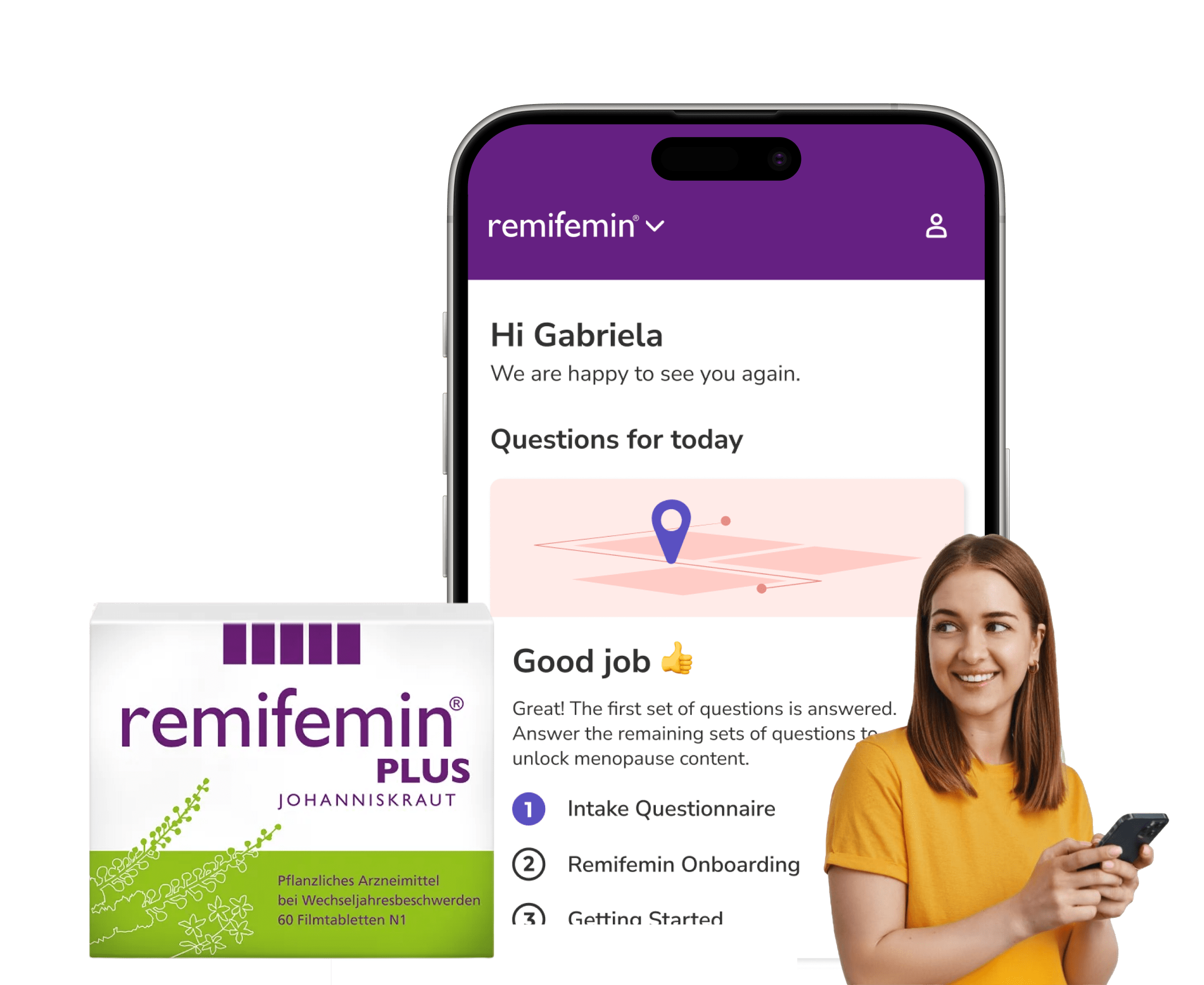 brite app showing the Remifemin treatment space, next to a smiling person and a packshot of the packaging.